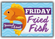 A fish with a purple and white sign  Description automatically generated